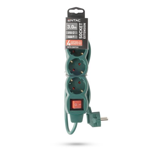 Entac S1 Elosztó 4 Foglalat Kapcsolóval 3m 3G1.5, Zöld (ESE1.5G4-3-SW-G)