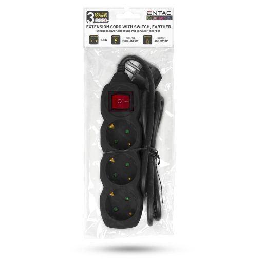 Entac S1 Színes Elosztó 3 Foglalat Kapcsolóval 1,5m Fekete (ESEG3-1.5-SW-B)