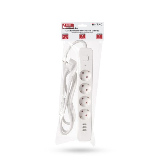 Entac D2 Elosztó 4 Foglalat Kapcsolóval 1.5m 3xUSB A 3G1.5 (ESES1.5G4-1.5-SW-3USB)