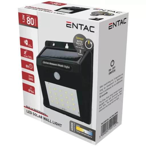 Entac Napelemes Műanyag Lámpa 1.2W SMD 3 mód PIR (ESL-XS-SMD-3MPIR)