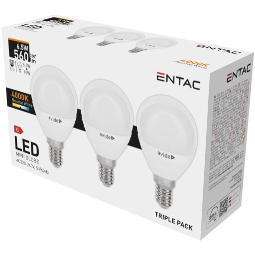 Entac LED Mini Globe E14 6,5W NW 4000K 3-Pack (LLMG14-6,5W-NW-3P)