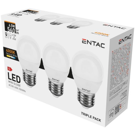 Entac LED Mini Globe E27 6,5W NW 4000K 3-Pack (LLMG27-6,5W-NW-3P)