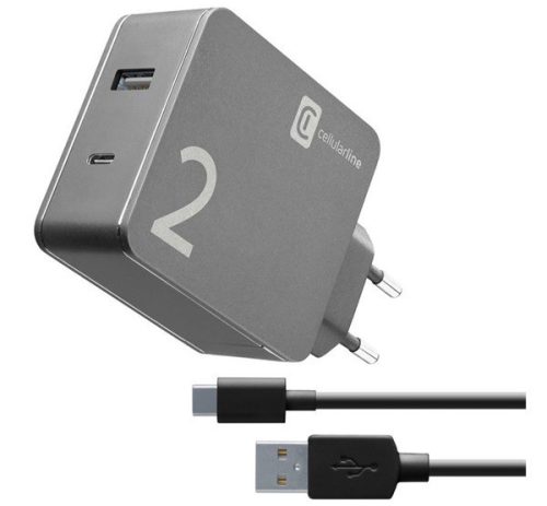  CELLULARLINE hálózati töltő USB / Type-C aljzat (5V / 2000 mAh, 48W, QC gyorstöltés támogatás + Type-C kábel) FEKETE (ACHUSB2KITHOME48WK) 