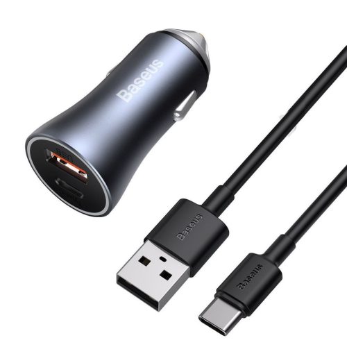  Baseus Golden Contactor Pro autós töltő, USB + USB-C, QC4.0 +, PD, SCP, 40 W, szürke + USB-USB-C kábel 1m, fekete (TZCCJD-0G) 