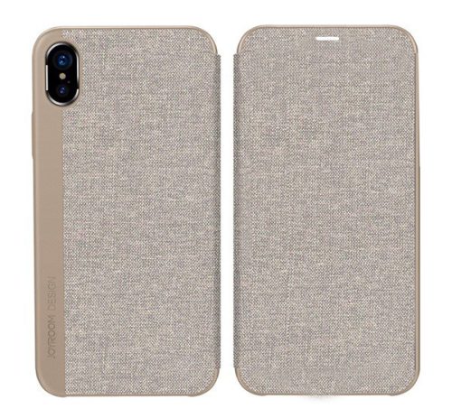  JOYROOM LEON tok álló, bőr hatású (aktív FLIP, oldalra nyíló, textilbevonat) VILÁGOSBARNA [Apple iPhone XS 5.8] 