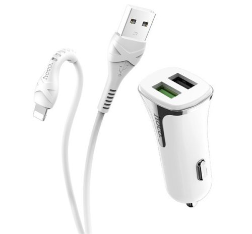  HOCO Z31 autós töltő 2 USB aljzat (5V / 3400mA, 18W, gyorstöltés támogatás, QC3.0 + lightning 8pin kábel) FEHÉR (Z31_LIGHTNING_W) 