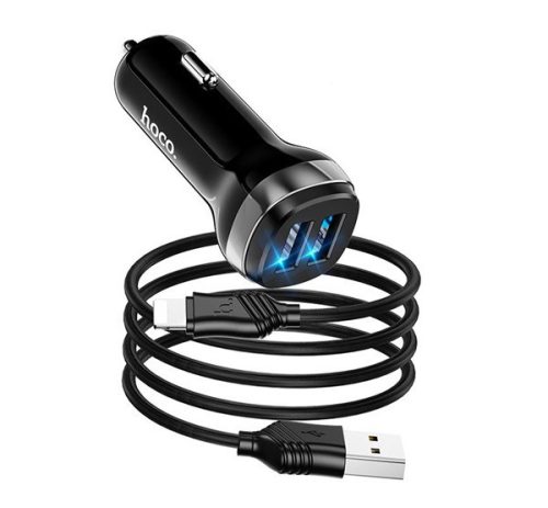  HOCO Z40 autós töltő 2 USB aljzat (5V / 2400mA, gyorstöltés támogatás, LED jelzés + lightning 8pin kábel) FEKETE (Z40_LIGHTNING_B) 