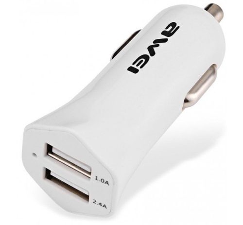  AWEI autós töltő 2 USB aljzat (5V/1000mA, 5V/2400mA, gyorstöltés támogatás) FEHÉR (C-300_W) 