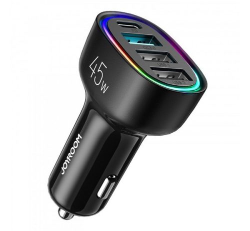  JOYROOM autós töltő 3 USB aljzat / Type-C aljzat (5V/3000mA, 45W, PD gyorstöltés támogatás) FEKETE (JR-CL09) 