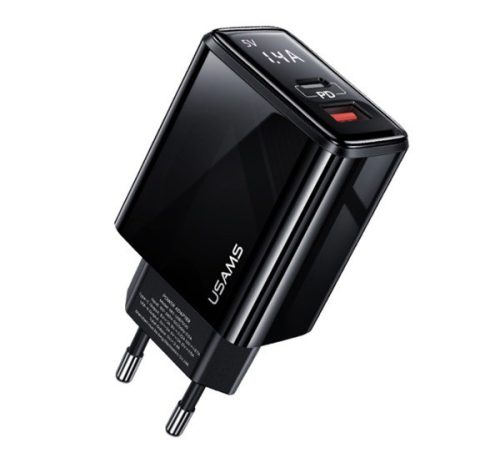  USAMS T40 hálózati töltő USB aljzat / Type-C aljzat (5V / 3000 mA, gyorstöltés támogatás) FEKETE (CC133) 