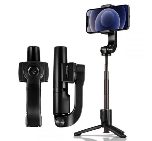  SPIGEN S610W állvány (Bluetooth vezerlő gomb, selfiebot, 50cm magas, 90°-ban forgatható, gimbal mód) FEKETE (S610W) 