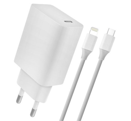  4-OK hálózati töltő Type-C aljzat (5V / 2400mA, 18W, PD gyorstöltés támogatás + Type-C - lightning 8pin kábel) FEHÉR (CVPI18) 