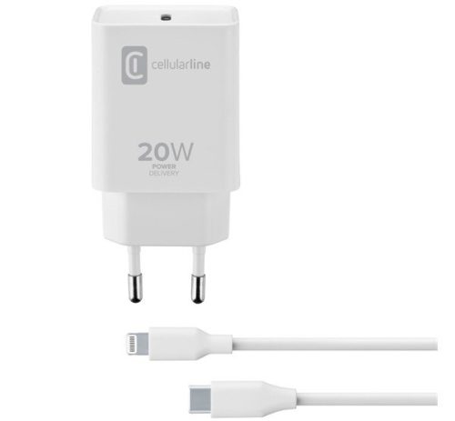  CELLULARLINE hálózati töltő Type-C aljzat (5V / 3000 mA, 20W, PD gyorstöltés tám. + Type-C - lightning 8pin kábel) FEHÉR (ACHIPDKITC2LMFI20W) 