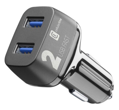  CELLULARLINE autós töltő 2 USB aljzat (9V / 2000 mA, 36W, adaptív gyorstöltés támogatás) FEKETE (CBRUSB2QC36WK) 