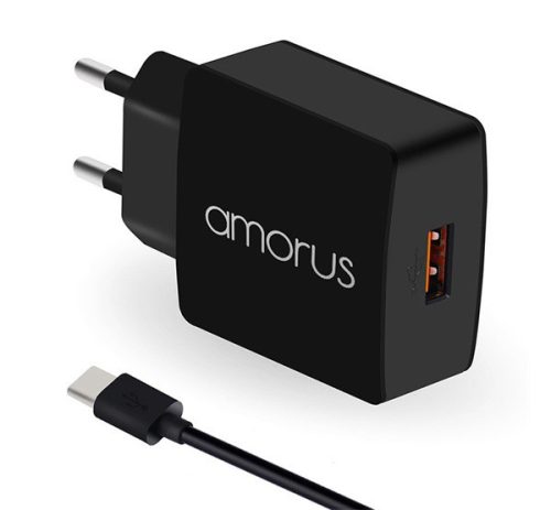  AMORUS K6 hálózati töltő USB aljzat (5V / 3000mA, PD gyorstöltés támogatás + Type-C kábel) FEKETE (R37G5SNOR11SE3) 