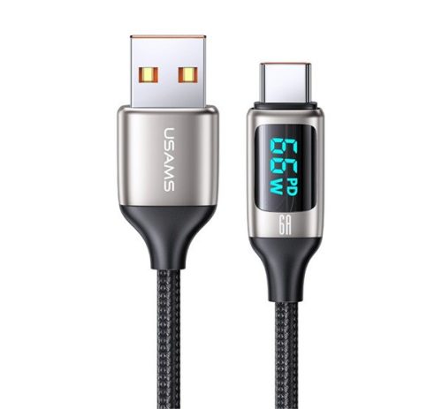  USAMS U78 adatkábel és töltő (USB - Type-C, 65W, PD gyorstöltés támogatás, 120cm, LED jelző) FEKETE / EZÜST (SJ544_F) 