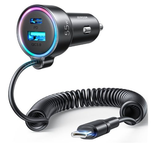  JOYROOM autós töltő USB aljzat / Type-C aljzat (5V/3000mA, 55W, PD gyorstöltés támogatás + beépített Type-C kábel) FEHÉR (JR-CL07) 