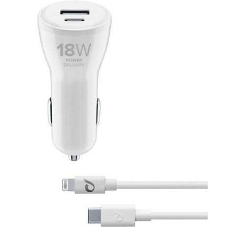  CELLULARLINE autós töltő USB / Type-C aljzat (5V / 3000 mA, 18+12W, gyorstöltés + Type-C - lightning 8pin kábel) FEHÉR (CBRIPHKITC2L2PD30W) 