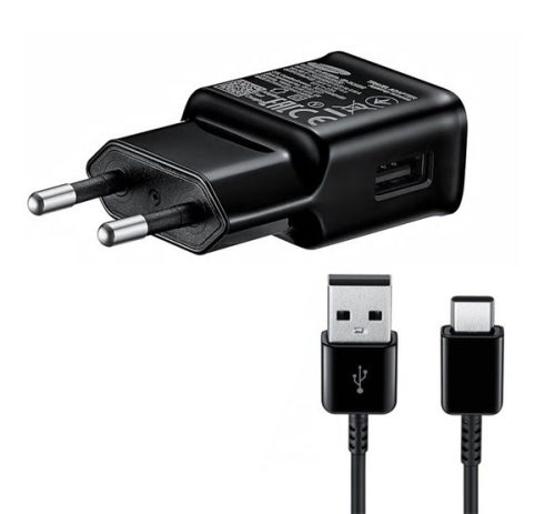  SAMSUNG hálózati töltő USB aljzat (5V / 2000 mA, gyorstöltés támogatás + Type-C kábel) FEKETE (EP-TA200EBE_TYPEC) 