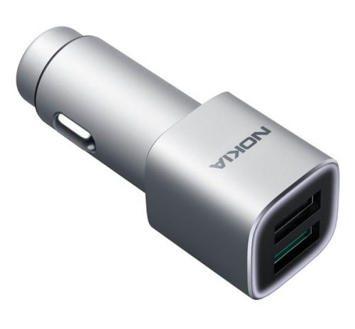 NOKIA autós töltő 2 USB aljzat (5V / 2400mA, gyorstöltés támogatás) EZÜST (DC-801_S) 