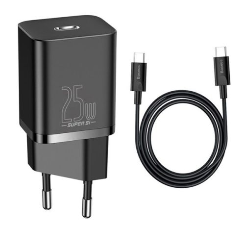  BASEUS hálózati töltő Type-C aljzat (10V / 3000mA, 25W, PD gyorstöltés támogatás + Type-C kábel) FEKETE (CCCJG25CE_B) 