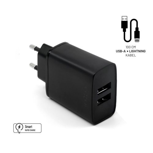  FIXED Travel 2xUSB-A hálózati töltő 15W fekete + USB-A - Lightning kábel (FIXC15-2UL-BK) 