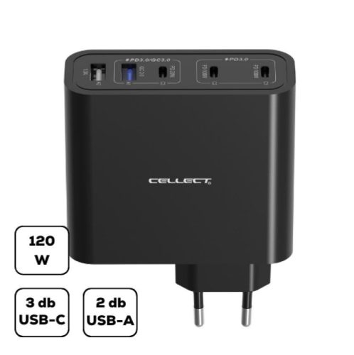  Cellect 2xUSB-A - 3xUSB-C hálózati töltő adapter gyorstöltő funkcióval 120W fekete (MTCB-PD120W-BK) 