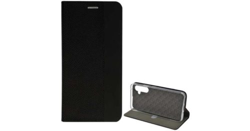  Tok álló, bőr hatású (FLIP, oldalra nyíló, asztali tartó, textil minta) FEKETE (Samsung Galaxy A14 4G / 5G ) 