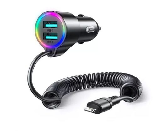  JOYROOM autós töltő 2xUSB-A aljzat + Lightning kábel (5V/3A, 17W, PD gyorstöltő 5.0) fekete (JR-CL25) 