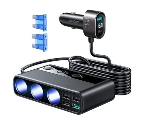  JOYROOM JR-CL06 szivargyújtó adapter (3 szivargyújtó+5 USB+Type-C aljzat, 154W, PD gyorstöltő 3.0, 100cm, LED jelzés) FEKETE 