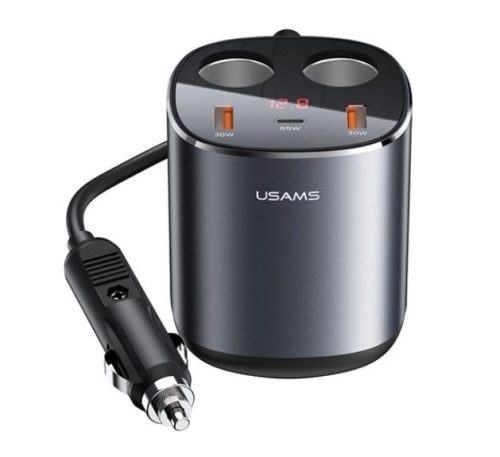  USAMS C28 szivargyújtó adapter (elosztó, 2 szivargyújtó+2xUSB-C aljzat, gyorstöltő, 254W, 3A, LED kijelző) szürke (CC151TC01) 