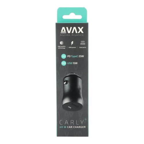  AVAX CC601B CARLY+ USB-A (QC) + USB-C (PD) 40W autós töltő fekete 