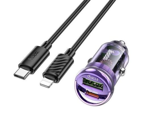  HOCO Z53A autós töltő 30W PD lila + USB-C - Lightning kábel 