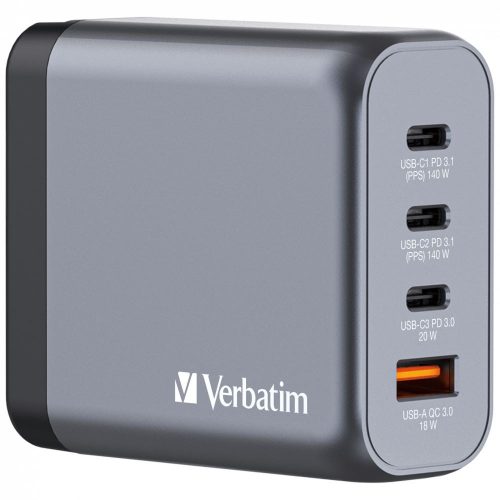  Verbatim 140W 4-Port (2xUSB-C PD 140W/1xUSB-C PD 20W/1xUSB-A QC 3.0) GaN EU/UK hálózati töltő (32203) 