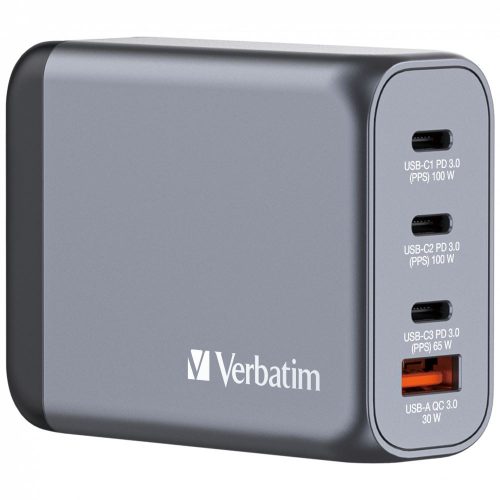 Verbatim 100W 4-Port (2xUSB-C PD 100W/1xUSB-C PD 65W/1xUSB-A QC 3.0) GaN EU/UK hálózati töltő (32202) 
