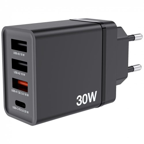  Verbatim 30W 4-Port (1xUSB-C PD 20W / 1xUSB-A QC 3.0 / 2xUSB-A 10W) EU hálózati töltő fekete (49700) 