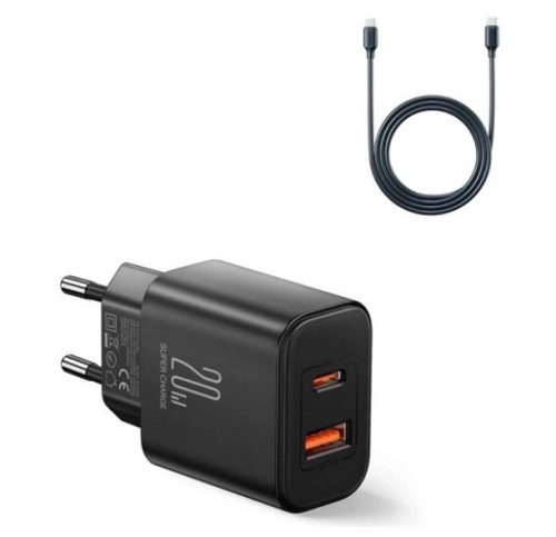  JOYROOM USB-A, Type-C hálózati töltő 20W, Type-C-Type-C kábellel fekete (6941237128799) 