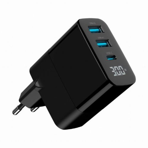  Gembird 2xUSB-A, 1xUSB-C hálózati töltő kijelzővel, fekete 30W (TA-UC-PDQC30LCD-BK-02) 