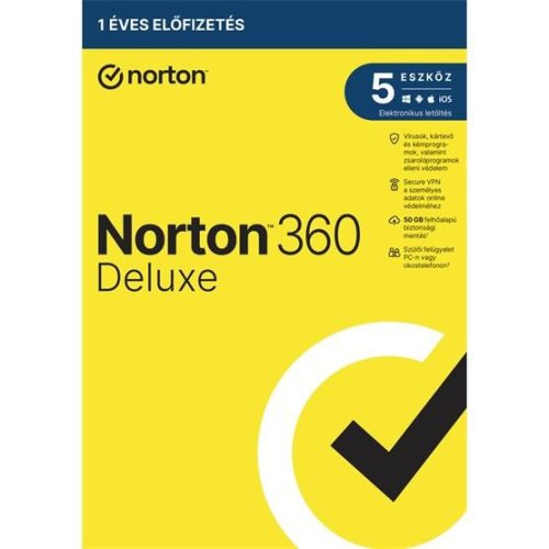  NortonLifeLock Norton 360 Deluxe 50GB HU 1 felhasználó 5 eszköz 1 év dobozos vírusirtó szoftver (21416689) 