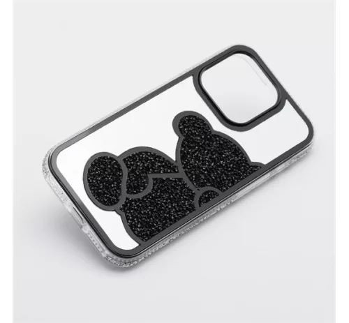  Teddy Bear iPhone 16 Pro csillogó köves tok fehér-fekete (101222) 