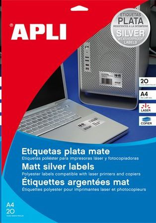  APLI 210x297 mm etikett, poliészter, időjárásálló, ezüst 20 darab (LCA10071) 