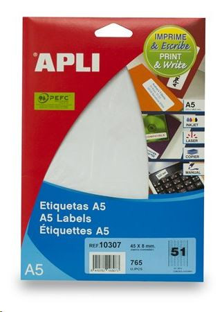  APLI 45x8 mm etikett, eltávolítható, ékszerekhez, A5 hordozón 765 darab (LCA10307) 