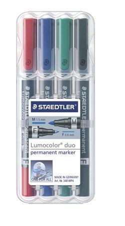  STAEDTLER "Lumocolor Duo" alkoholos marker F/M,0,6/1,5 mm kúpos kétvégű 4 különböző szín  (348 WP4) 