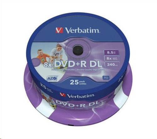  Verbatim DVD+R 8.5GB 8X Doublelayer DVD lemez nyomtatható hengeres 25db/henger  (43667) 