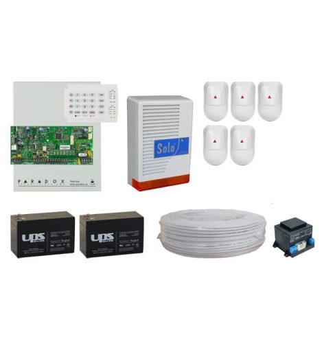  Paradox SP5500 rendszer (5 db mozgásérzékelő, központ, LED kezelő, doboz, sziréna, táp, 2 db akkumulátor, kábel) 
