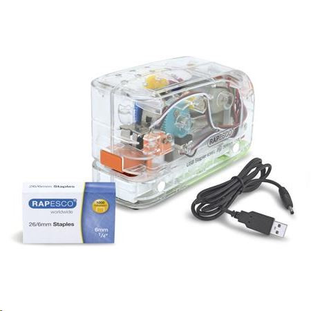  RAPESCO "626EL" Tűzőgép, 26/6, 15 lap, műanyag, elemes, USB töltővel, átlátszó  (IR1450, 1450) 