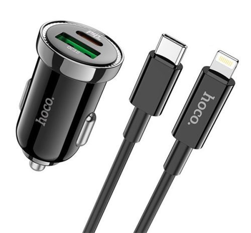  HOCO Z44 autós töltő USB / Type-C aljzat (5V / 3000 mA, PD gyorstöltés tám. + Type-C - lightning 8pin kábel) FEKETE (Z44_B_TYPEC) 