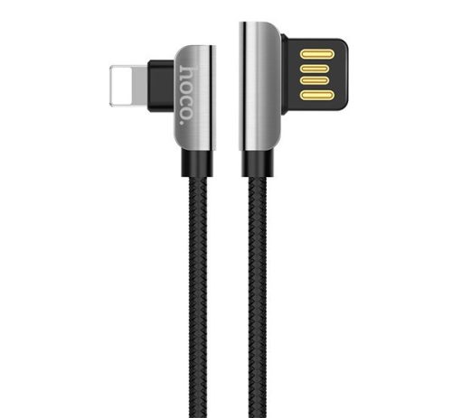  HOCO U42 adatátvitel kábel (USB - lightning 8pin, gyorstöltés támogatás, 120cm, 90 fokos, cipőfűző minta) FEKETE (U42_LIGHT_B) 