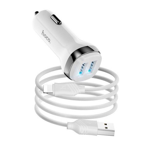  HOCO Z40 autós töltő 2 USB aljzat (5V / 2400mA, gyorstöltés támogatás, LED jelzés + lightning 8pin kábel) FEHÉR (Z40_LIGHTNING_W) 