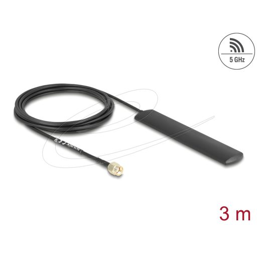 Delock WiFi 5,8 GHz Antenna RP-SMA-dugó 3 dBi mindenirányban, csatlakozó kábellel (RG-174, 3 m), fekete, öntapadós (10035)